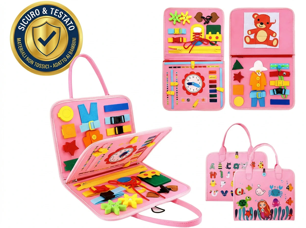 Valigetta Manine rosa aperta con forme, fibbie e stringhe, e i pannelli con orologio e puzzle dell'orsetto