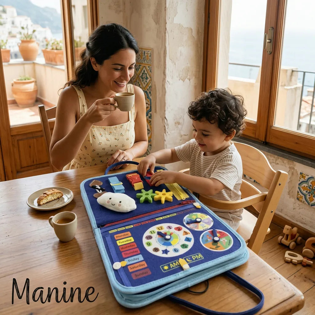 Mamma beve un caffè mentre il figlio gioca con la valigetta Manine blu al tavolo di casa