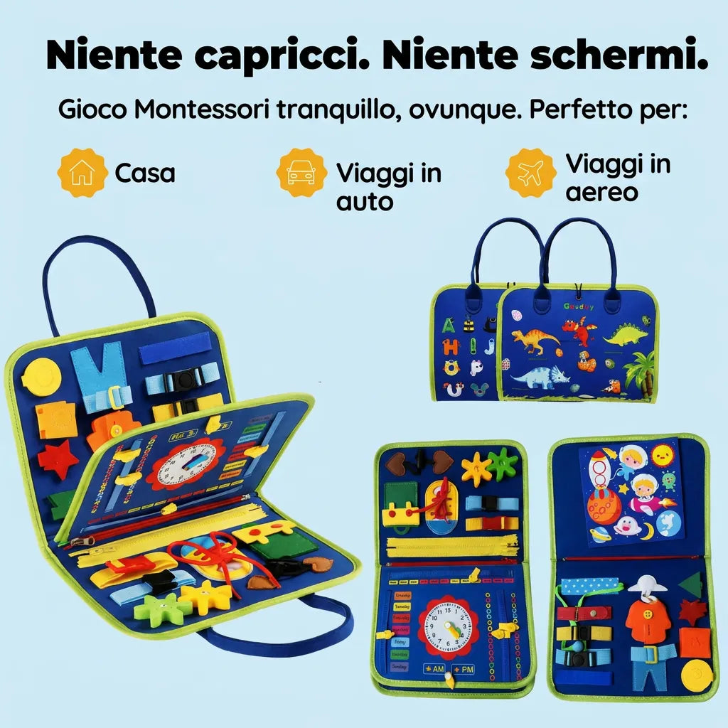 Valigetta Manine blu aperta con orologio, cerniere e forme. Niente capricci, niente schermi: gioco tranquillo a casa, in auto e in aereo